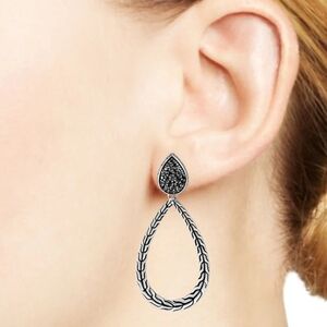 John Hardy Black and Silver Teardrop Woven Drop Earrings